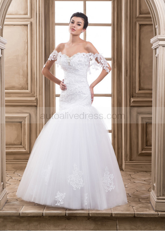 Off Shoulder White Lace Tulle Pearl Embellished Wedding Dress 